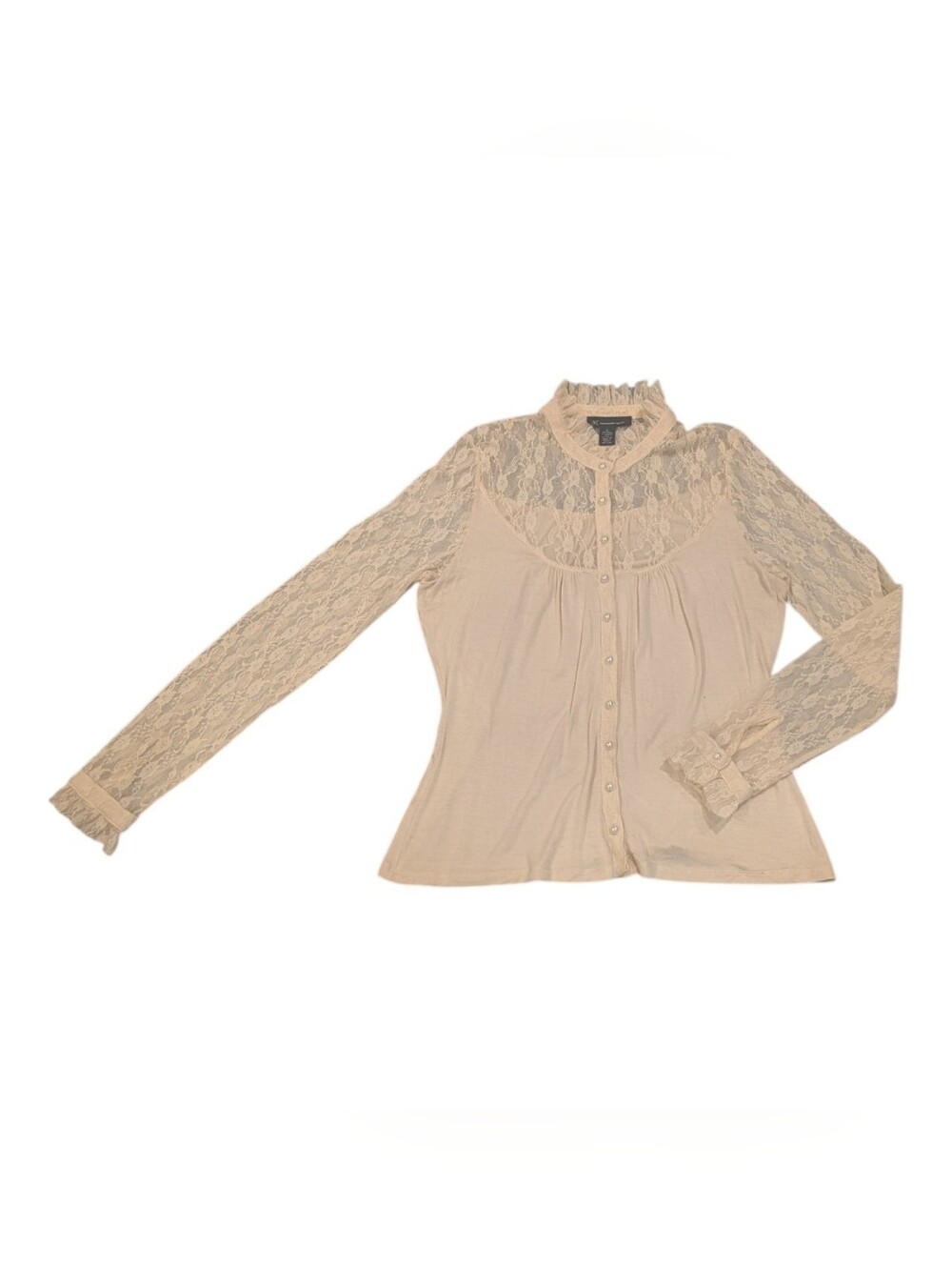 INC International Concepts Cream Lace High Neck Button-Up Blouse - Sz L